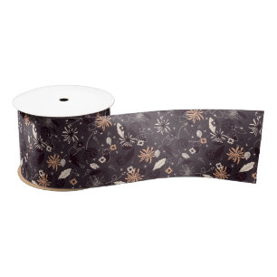 Christmas cones stars flowers on dark brown satin ribbon