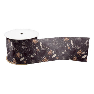 Christmas cones stars flowers on dark brown satin ribbon