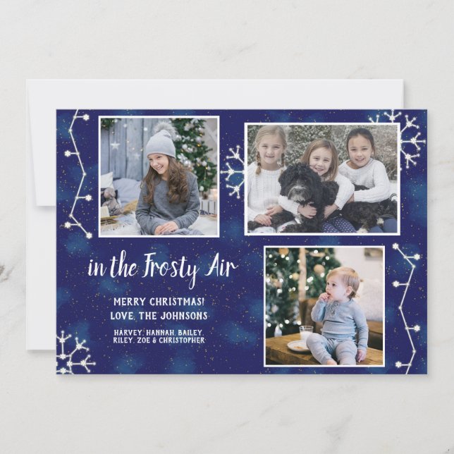 Christmas Constellation Family Photo Collage Blue Holiday Card (Front)