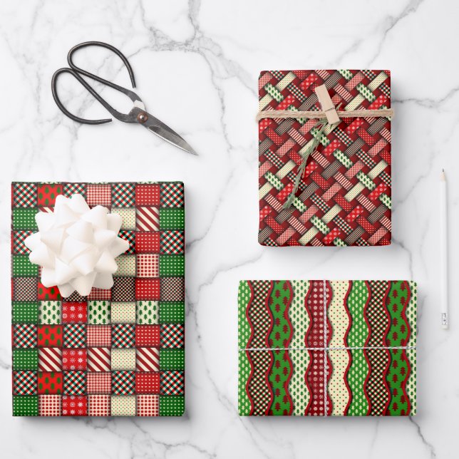 Christmas Contemporary and Quilt Theme Wrapping Paper Sheet (Front)