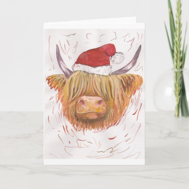 christmas coo Highland Cow with Christmas Hat Holiday Card (Front)