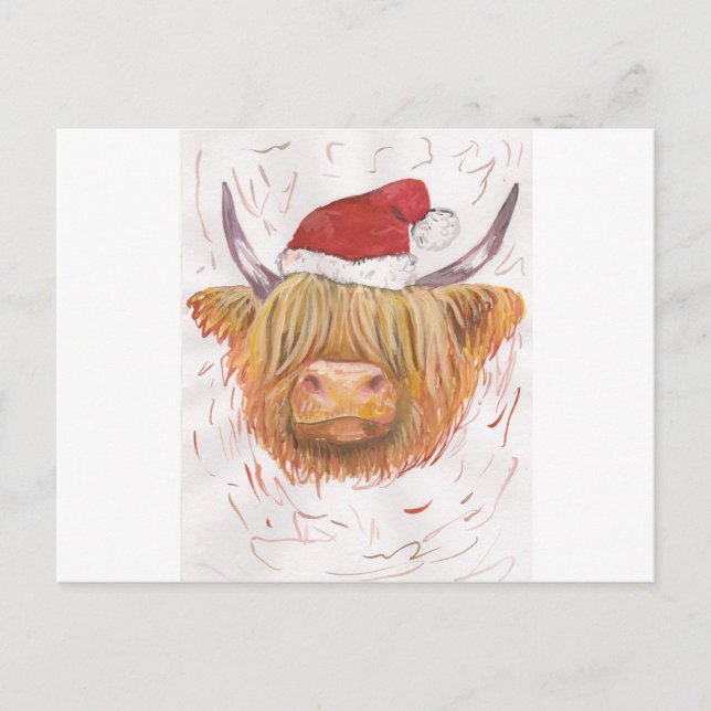 christmas coo Highland Cow with Christmas Hat Holiday Postcard (Front)