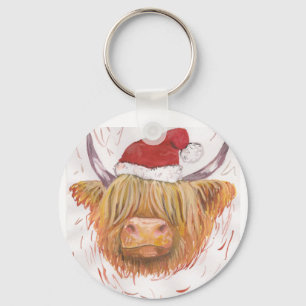 christmas coo Highland Cow with Christmas Hat Key Ring