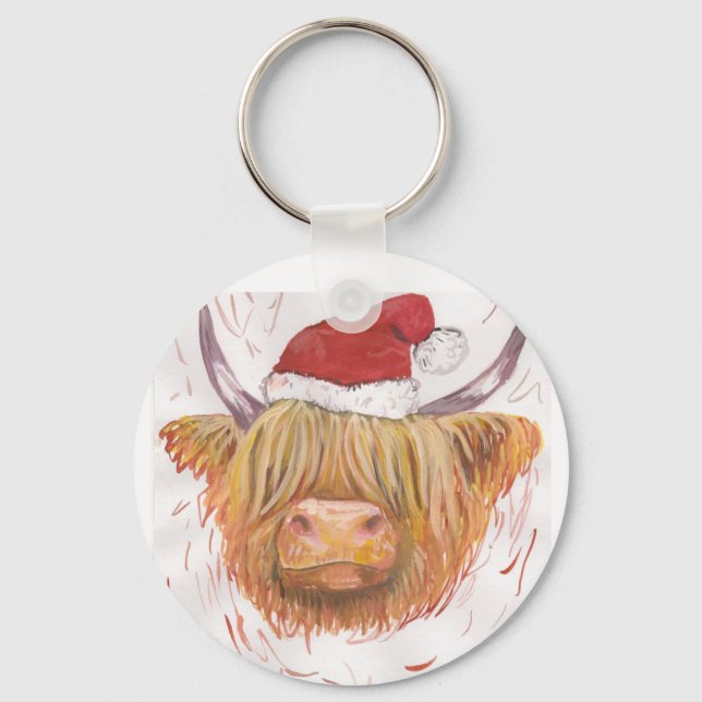christmas coo Highland Cow with Christmas Hat Key Ring (Front)