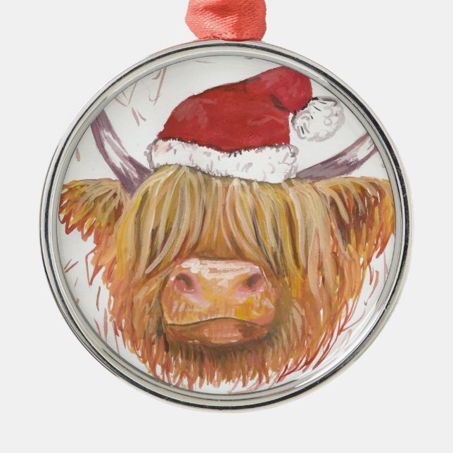 christmas coo Highland Cow with Christmas Hat Metal Tree Decoration (Front)