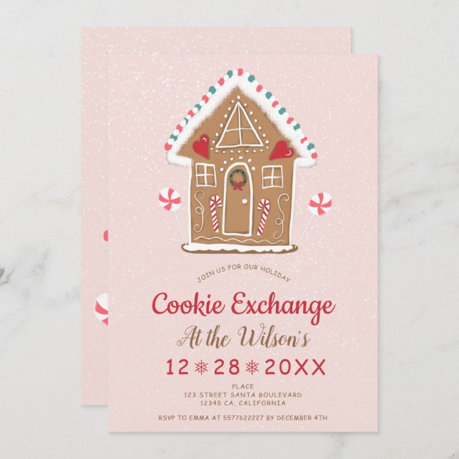 Christmas cookie exchange cute ginger bread house invitation (Front/Back)