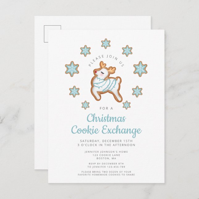 Christmas Cookie Exchange Cute Reindeer Invitation Postcard (Front/Back)