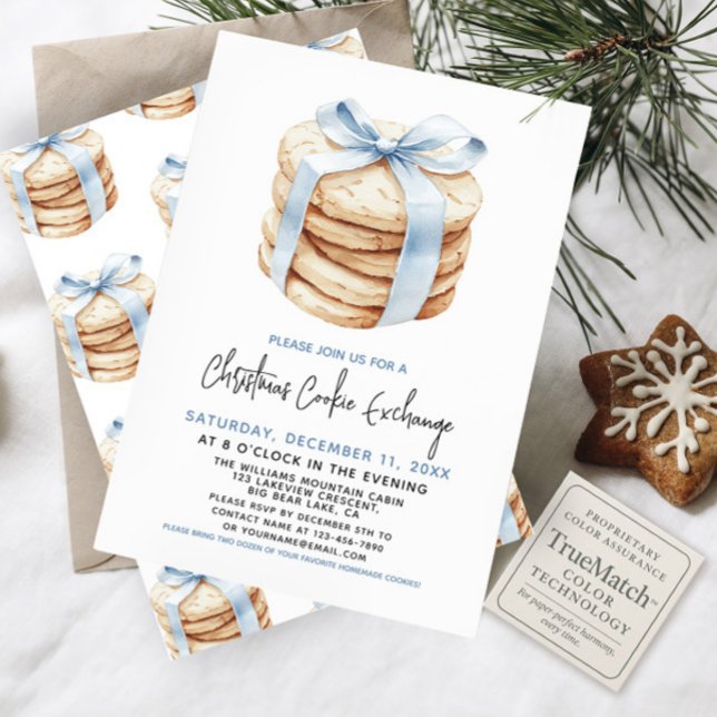 Christmas Cookie Exchange Party Cute Blue Bow Invitation (Creator Uploaded)