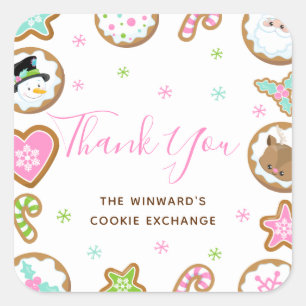 Christmas Cookie Exchange Party Pink Thank You Square Sticker