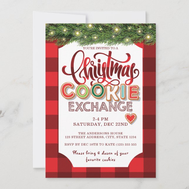 Christmas Cookie Exchange Party Red Plaid Invitation (Front)