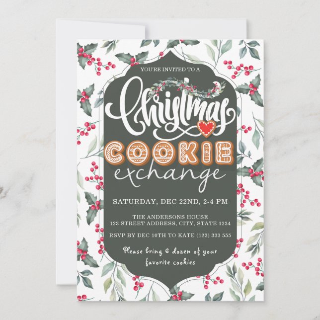 Christmas Cookie Exchange Party Watercolor Green Invitation (Front)