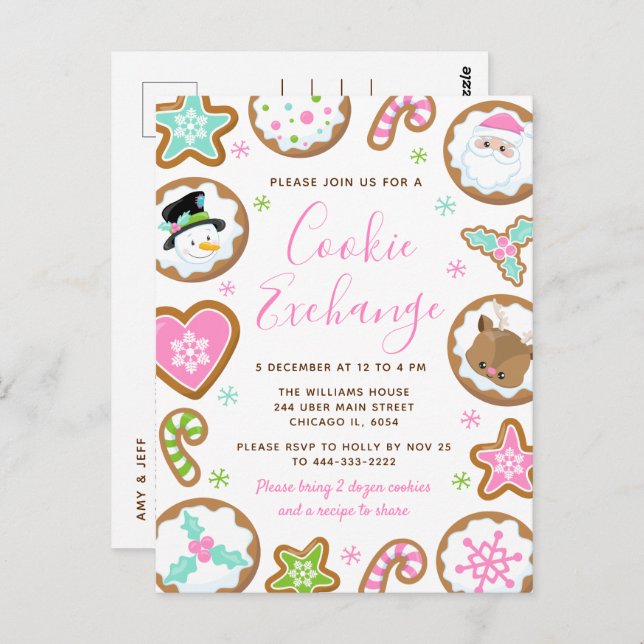 Christmas Cookie Exchange Pink and Green Postcard (Front/Back)