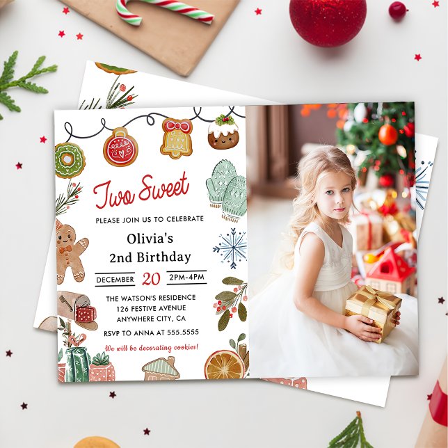  Christmas Cookie Two Sweet 2nd Birthday Photo Invitation (Creator Uploaded)