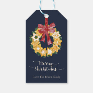 Christmas Cookie Wreath with Blue Grey Background Gift Tags