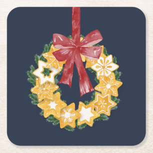 Christmas Cookie Wreath with Blue Grey Background Square Paper Coaster