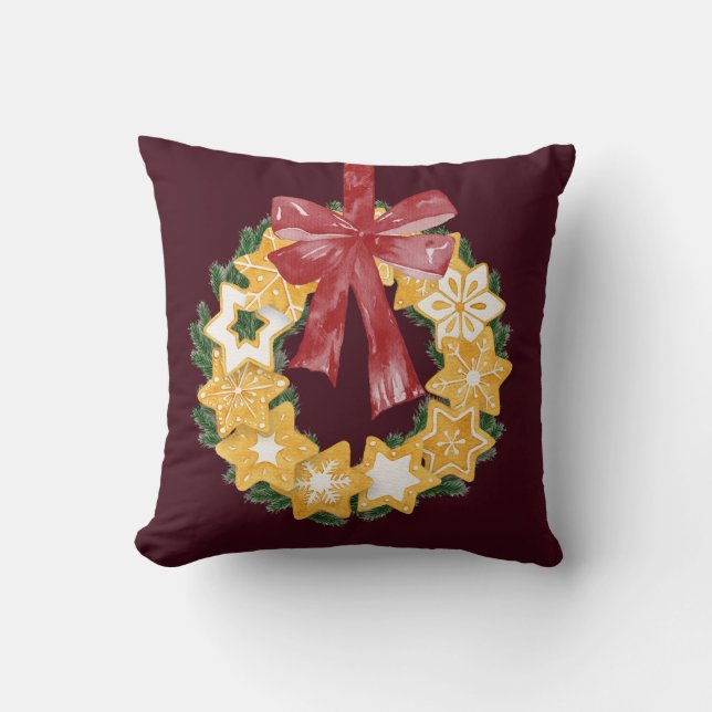 Christmas Cookie Wreath with Burgundy Background Cushion (Front)