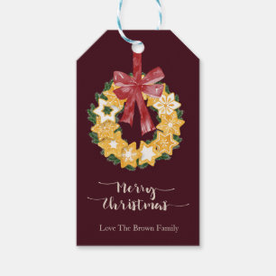 Christmas Cookie Wreath with Burgundy Background Gift Tags