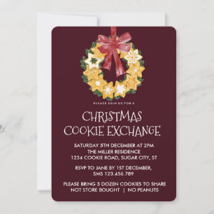 Christmas Cookie Wreath with Burgundy Background Invitation