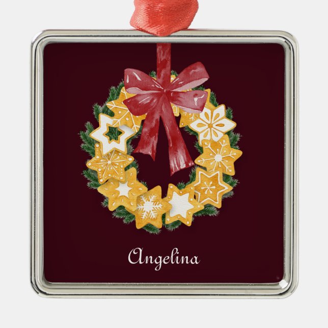 Christmas Cookie Wreath with Burgundy Background Metal Tree Decoration (Front)
