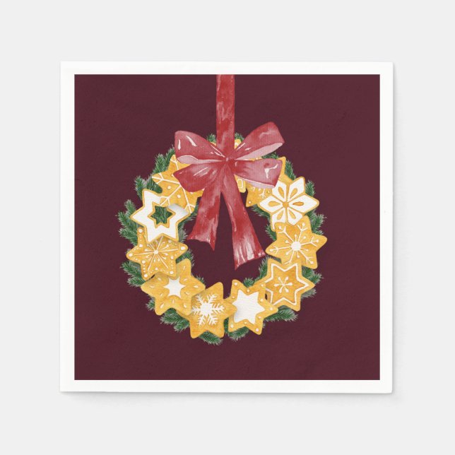 Christmas Cookie Wreath with Burgundy Background Napkin (Front)