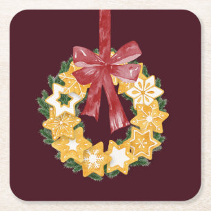 Christmas Cookie Wreath with Burgundy Background Square Paper Coaster