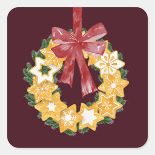 Christmas Cookie Wreath with Burgundy Background Square Sticker