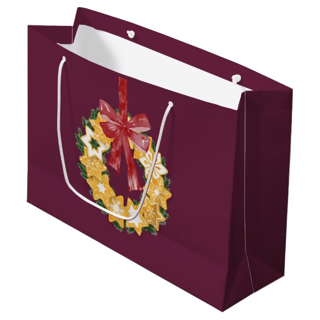 Christmas Cookie Wreath with Deep Plum Background Large Gift Bag (Front Angled)