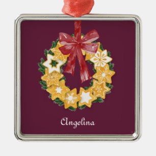 Christmas Cookie Wreath with Deep Plum Background Metal Tree Decoration