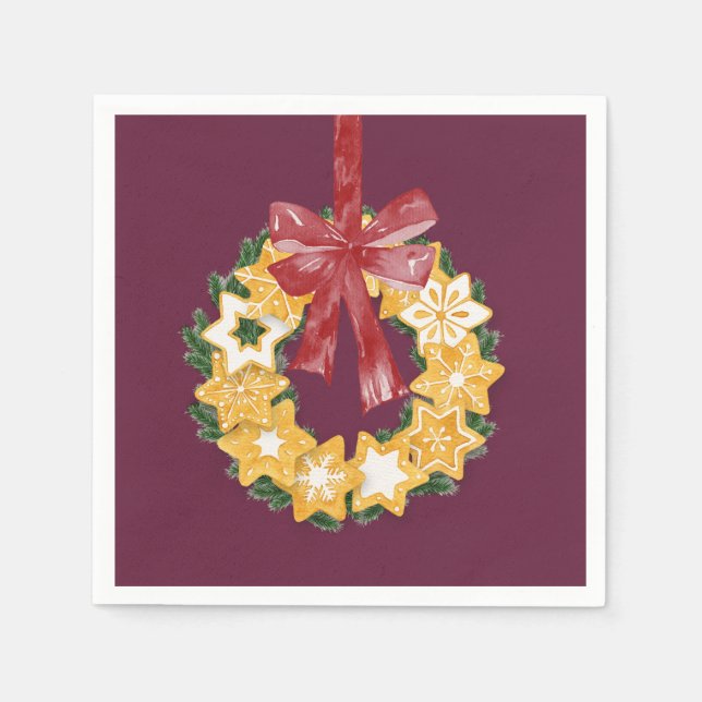 Christmas Cookie Wreath with Deep Plum Background Napkin (Front)