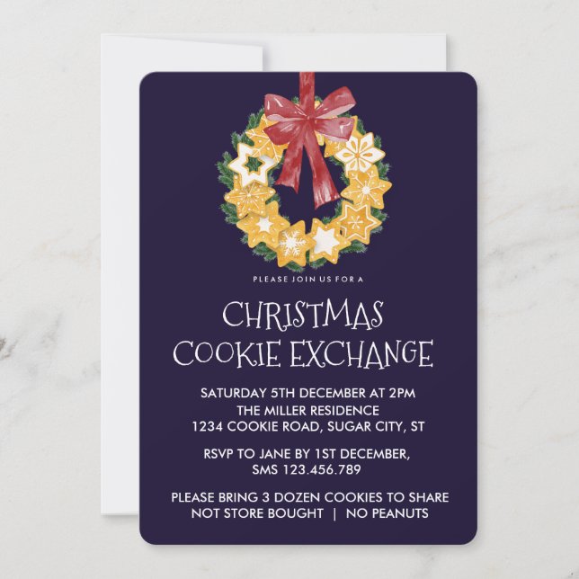 Christmas Cookie Wreath with Navy Blue Background Invitation (Front)