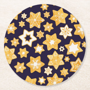 Christmas Cookie Wreath with Navy Blue Background Round Paper Coaster