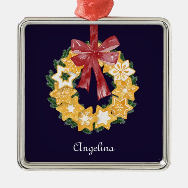 Christmas Cookie Wreath with Navy BlueBackground Metal Tree Decoration (Front)