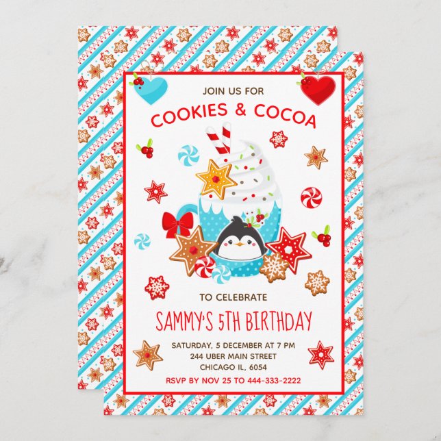 Christmas Cookies and Cocoa Birthday Blue Invitation (Front/Back)
