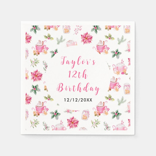 Christmas Cookies and Cocoa Birthday Party Pink Napkin (Front)