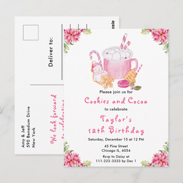 Christmas Cookies and Cocoa Birthday Party Pink Postcard (Front/Back)