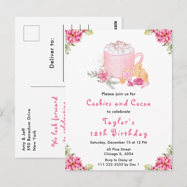 Christmas Cookies and Cocoa Birthday Party Pink Postcard (Front/Back)