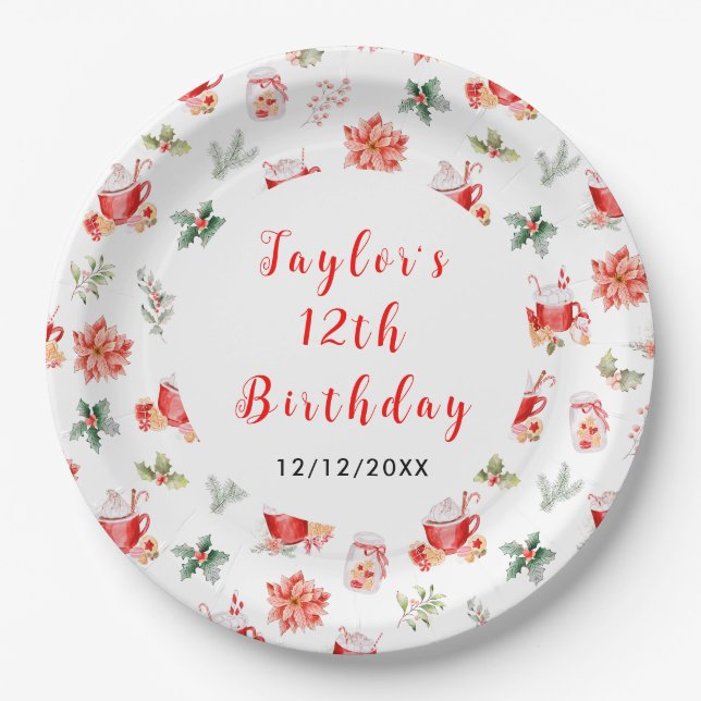 Christmas Cookies and Cocoa Birthday Party Red Paper Plate (Front)