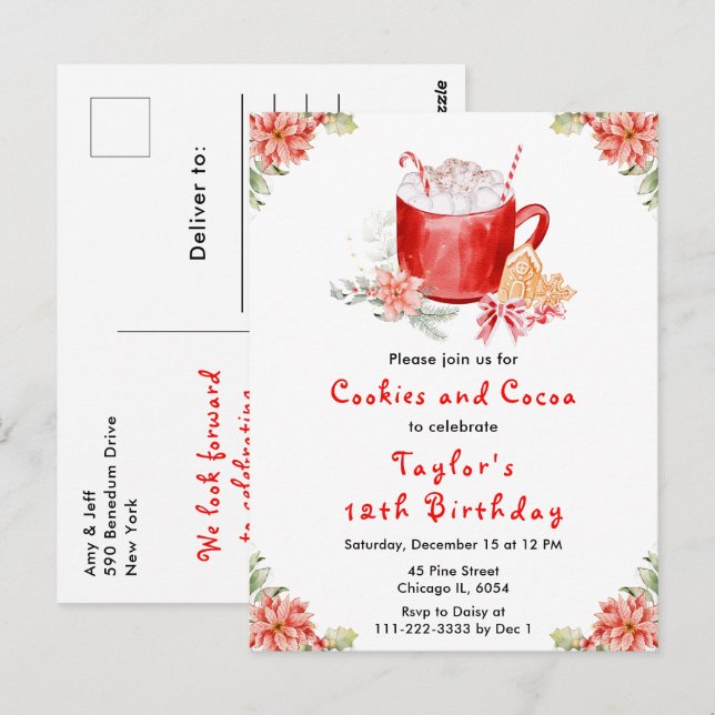 Christmas Cookies and Cocoa Birthday Party Red Postcard (Front/Back)