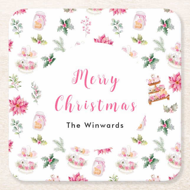 Christmas Cookies and Foliage Pink Square Paper Coaster (Front)
