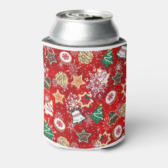 Christmas Cookies and Snowflakes on Red Can Cooler (Can Back)