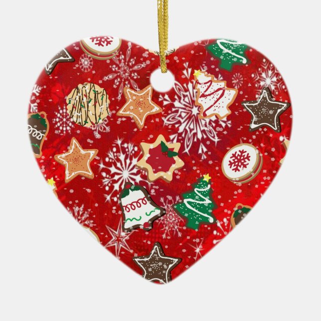 Christmas Cookies and Snowflakes on Red Ceramic Tree Decoration (Front)
