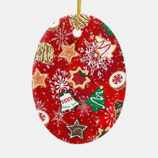Christmas Cookies and Snowflakes on Red Ceramic Tree Decoration (Front)