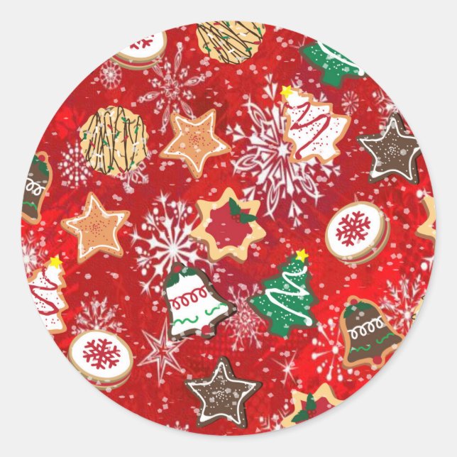 Christmas Cookies and Snowflakes on Red Classic Round Sticker (Front)