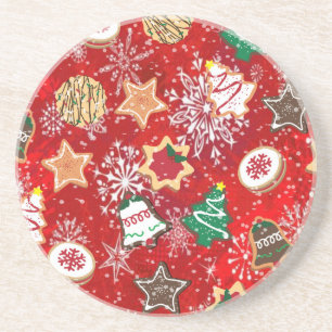 Christmas Cookies and Snowflakes on Red Coaster