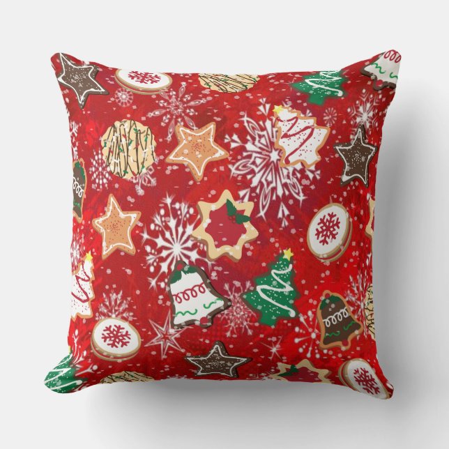 Christmas Cookies and Snowflakes on Red Cushion (Front)