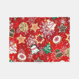 Christmas Cookies and Snowflakes on Red Fleece Blanket