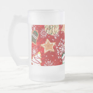Christmas Cookies and Snowflakes on Red Frosted Glass Beer Mug