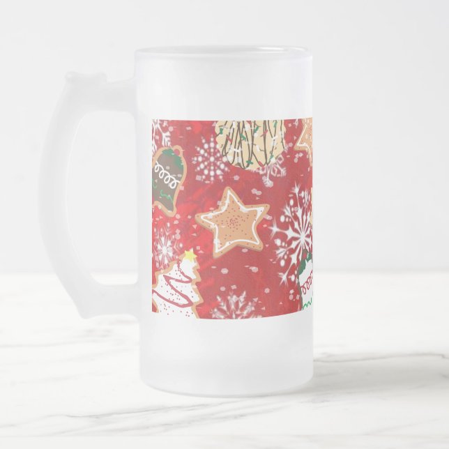Christmas Cookies and Snowflakes on Red Frosted Glass Beer Mug (Left)