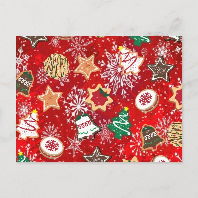 Christmas Cookies and Snowflakes on Red Holiday Postcard (Front)