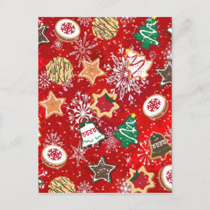 Christmas Cookies and Snowflakes on Red Holiday Postcard